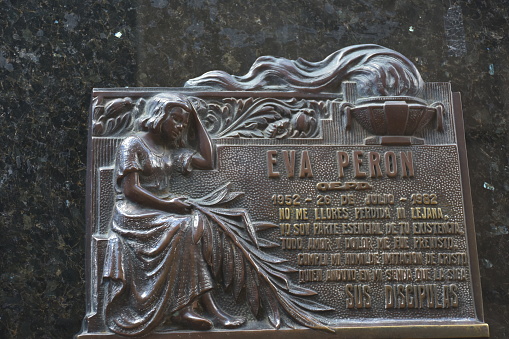 Buenos Aires, Argentina - January, 22, 2019: The plaque of Eva Peron at her family crypt at Recoleta Cemetery.