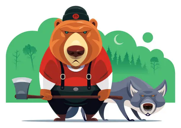 Vector illustration of bear lumberjack with wolf