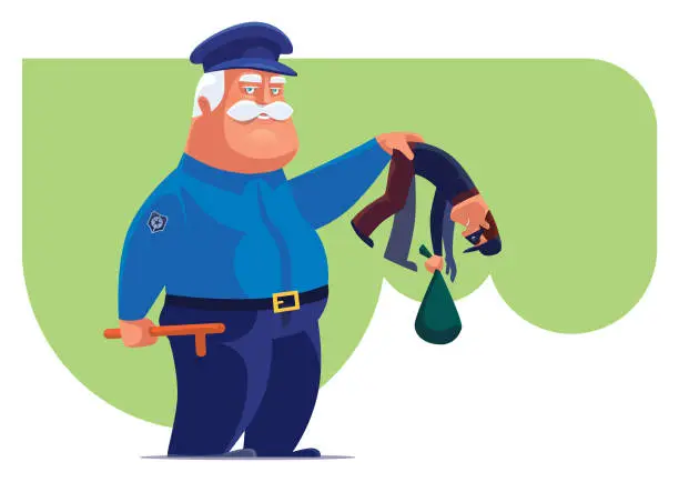 Vector illustration of senior security guard catching thief