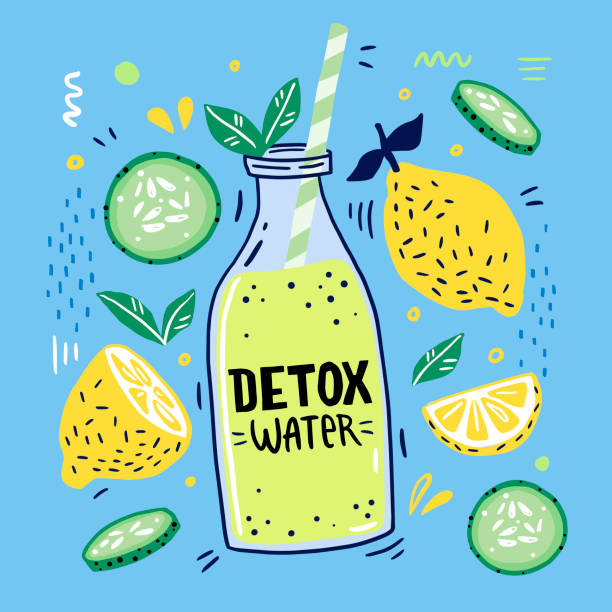 Detox cocktail with lemon, cucumber, mint. Vector illustration for greeting cards, magazine, cafe and restaurant menu. Fresh smoothies for healthy life, diets. vector art illustration