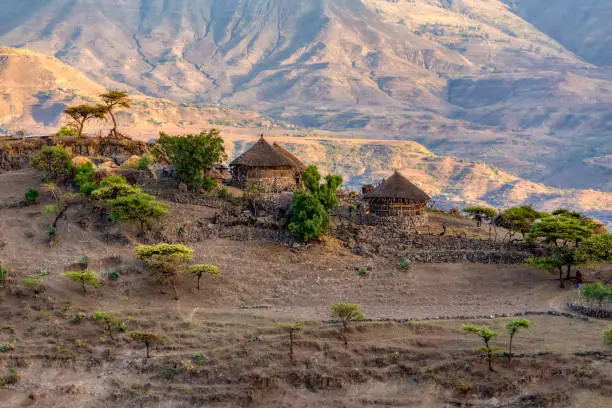 Beautiful mountain landscape with traditional ethiopian houses Amhara region near city Lalibela. Ethiopia, Africa.