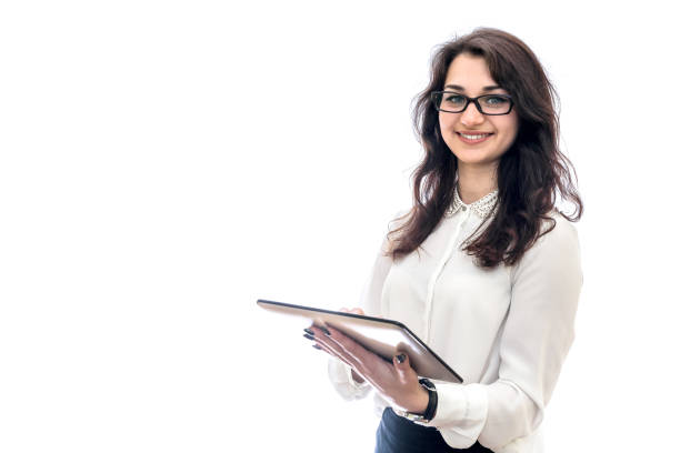 Smiling woman holding tablet isolated on white