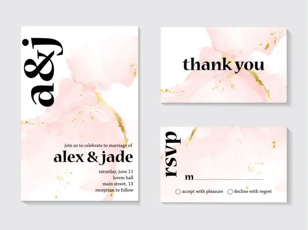 Vector illustration of Wedding rose gold  invitations concept and Card Template Design with Painted canvas pink and gold foil in luxurious tender soft style Vector Illustration