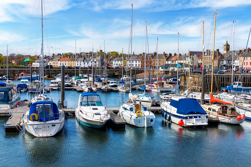Summer view of small harbor in Anstruther village, Fife, Scotland, UK