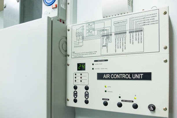Air conditioning with water and electrical systems for industrial plants. Air regulator to control the air pressure in the air duct system control unit