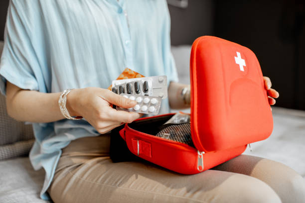 Taking pills from the first aid kit Woman taking pills from the first aid kit, close-up with no face model kit stock pictures, royalty-free photos & images