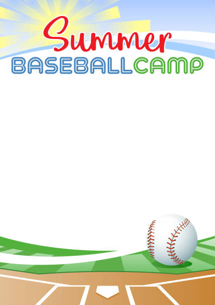 ilustraciones, imágenes clip art, dibujos animados e iconos de stock de cartel de plantilla de campamento de béisbol veraniego. ilustración vectorial. - baseball background