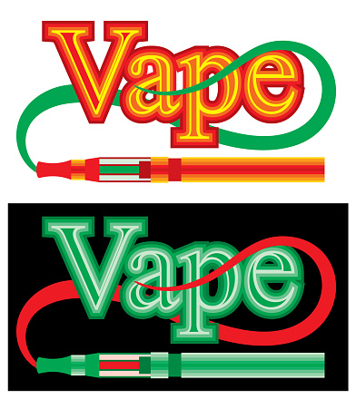 Colorful e-cigarette pen and Vape word equally usable on white or black backgrounds. Two color versions. Isolated.