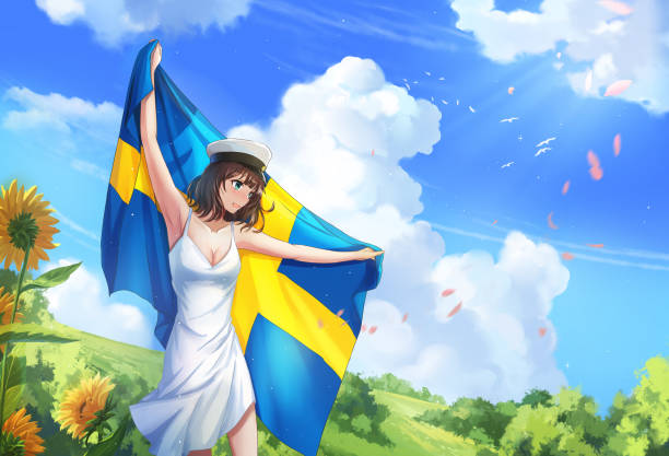 bildbanksillustrationer, clip art samt tecknat material och ikoner med ung kvinna med en svensk flagga på sin examens dag - studenter sweden