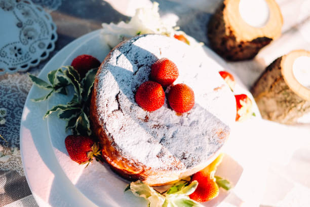 cheesecake alla fragola sputata con zucchero in polvere e decorata con bacche e foglie. impostazione del tavolo per picnic. - sprikled foto e immagini stock
