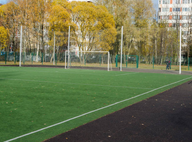 soccer gates on artificial turf field. - soccer soccer field grass artificial turf imagens e fotografias de stock