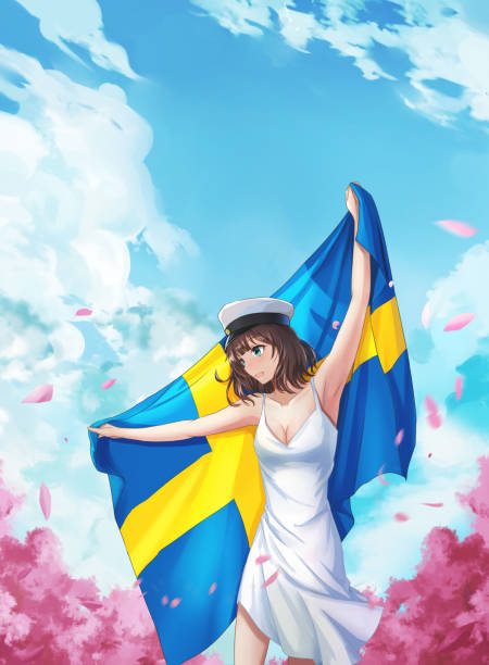 bildbanksillustrationer, clip art samt tecknat material och ikoner med ung kvinna med en svensk flagga på sin examens dag - studenter sweden