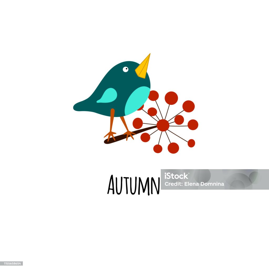 Carta autunnale con simpatico uccello e fiore. Illustrazione vettoriale isolata su sfondo bianco. EPS 10. - arte vettoriale royalty-free di Albero