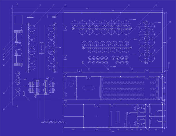 와인 공장 청사진 2d 제도 - engineering drafting plan drawing stock illustrations