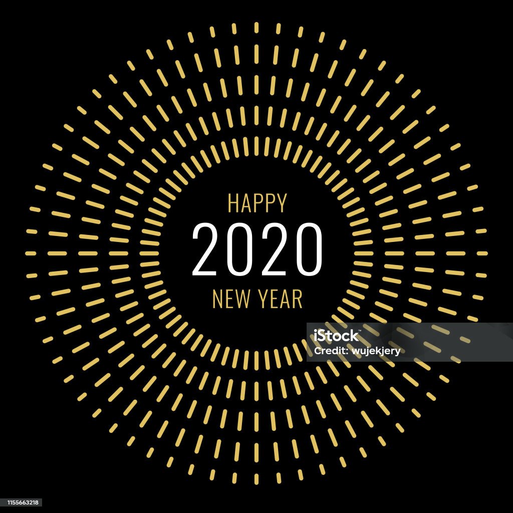 New Year's card 2020 with fireworks, modern design Happy new year wishes arranged in the center of a geometric linear firework. You can edit the colors or sizes easily if you have Adobe Illustrator or other vector software. All shapes are vector Exploding stock vector