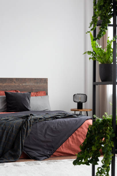 istock White bedroom with plants, coral and grey bedding and empty wall 1155664201