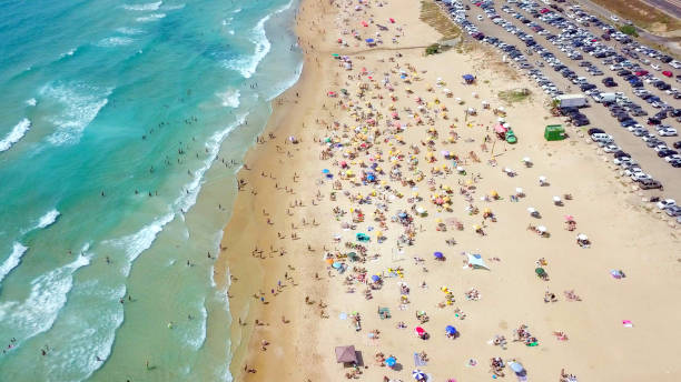 istock Crowded public beach with colourful umbrellas 1155664303
