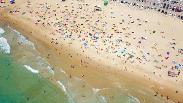 istock Crowded public beach with colourful umbrellas 1155664406