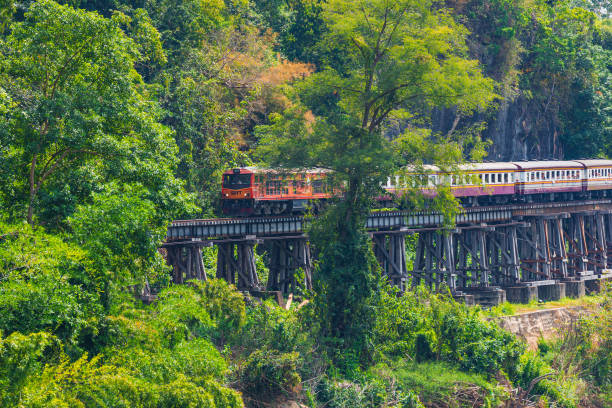 : 桂ノイバイ川の美しい景色の写真を撮る電車の中で多くの観光客と死の鉄道として知られている第二次世界大戦の歴史的な鉄道、。 - kanchanaburi province train thailand diesel ストックフォトと画像