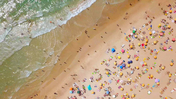 istock Crowded public beach with colourful umbrellas 1155668020