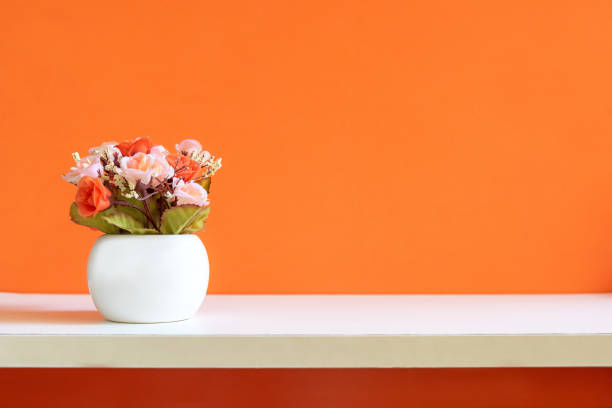 Orange wall with flower rose on shelf white wood, copy space for text. Still life Concept