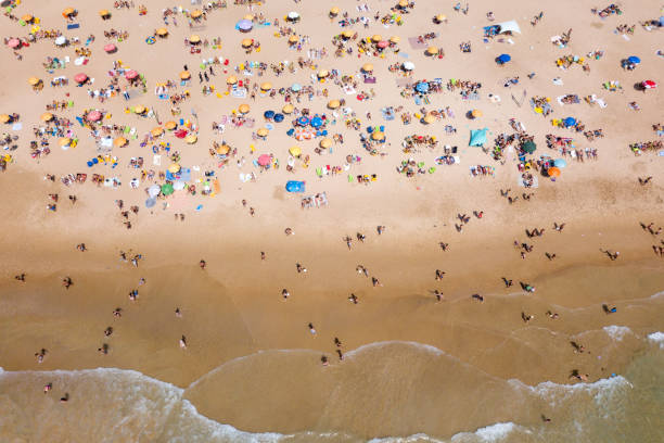 istock Crowded public beach with colourful umbrellas 1155669326
