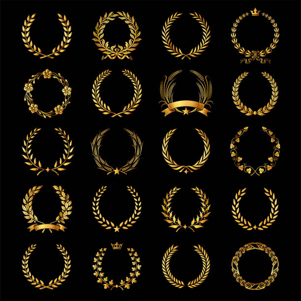 laurel-kränze-set - gold wreath stock-grafiken, -clipart, -cartoons und -symbole