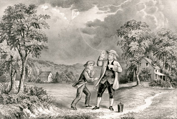 ilustraciones, imágenes clip art, dibujos animados e iconos de stock de benjamin franklin vuela una cometa durante la tormenta eléctrica, junio 1752 - inventor