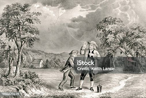 istock Benjamin Franklin Flies a Kite During at Thunderstorm, June 1752 1155670339