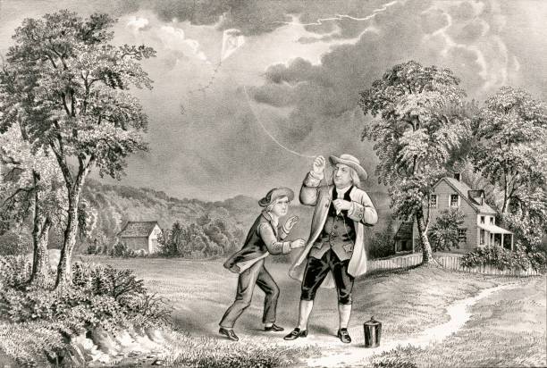 Benjamin Franklin Flies a Kite During at Thunderstorm, June 1752 Vintage illustration shows Benjamin Franklin flying a kite during a thunderstorm and collects ambient electrical charge in a Leyden jar, enabling him to demonstrate the connection between lightning and electricity. sky kite stock illustrations