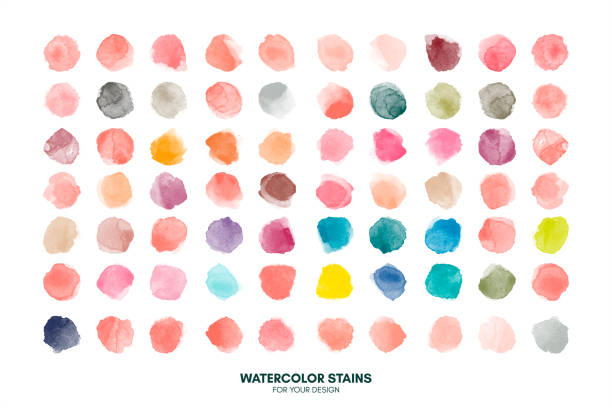 ilustrações de stock, clip art, desenhos animados e ícones de set of colorful watercolor hand painted round shapes, stains, circles, blobs isolated on white. illustration for artistic design. trendy modern fashion colors - paint watercolor painting circle splashing