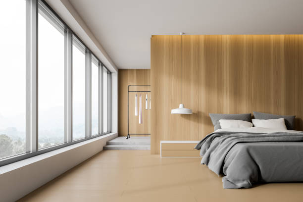 istock Wooden bedroom interior with clothes rack 1155671584