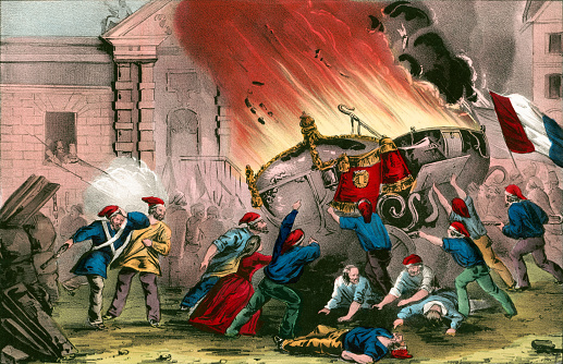 Vintage illustration shows French citizens burning the Royal carriages at the Chateau d'Eu during the French Revolution of 1848.