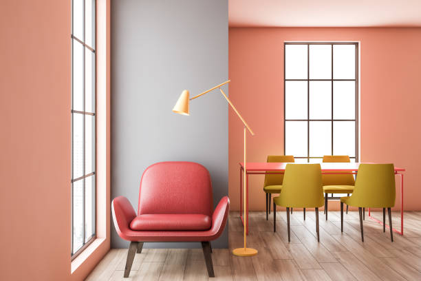 istock Gray and pink dining room interior, armchair 1155673223