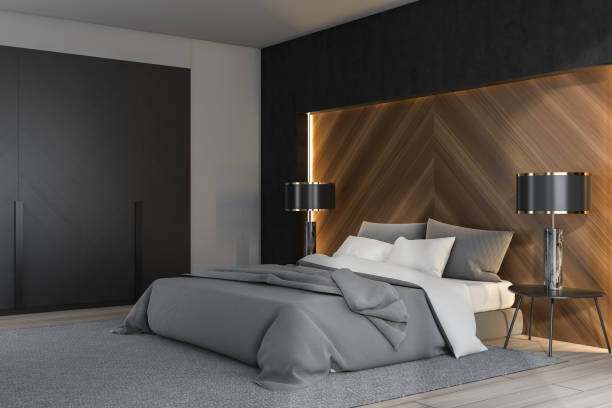 istock Luxury master bedroom corner with lamps 1155673252
