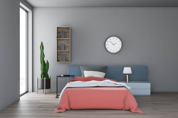 istock Gray bedroom interior with shelf and clock 1155673522
