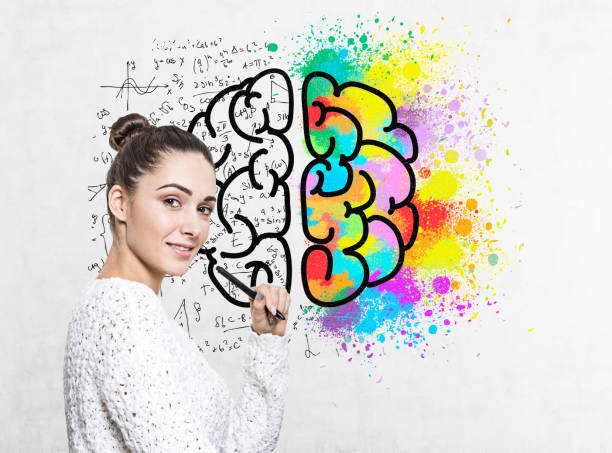 istock Smiling woman with marker, brain sketch 1155674204