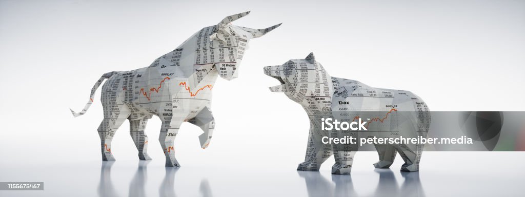Bull and Bear-Concept Stock Exchange and Stock Market Bull and bear in with stock market price textures against a bright background Stock Market and Exchange Stock Photo
