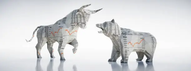 Bull and bear in with stock market price textures against a bright background