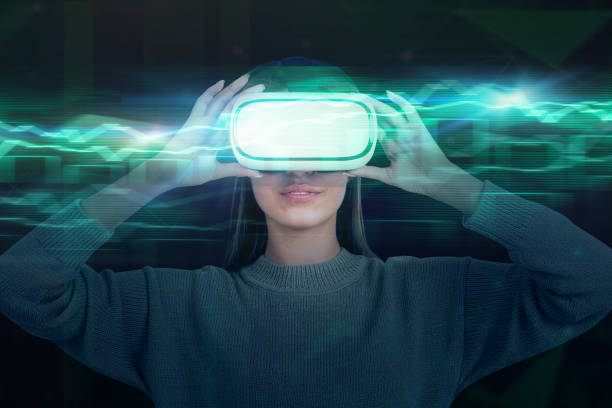 istock Woman in VR goggles, green graph 1155675805