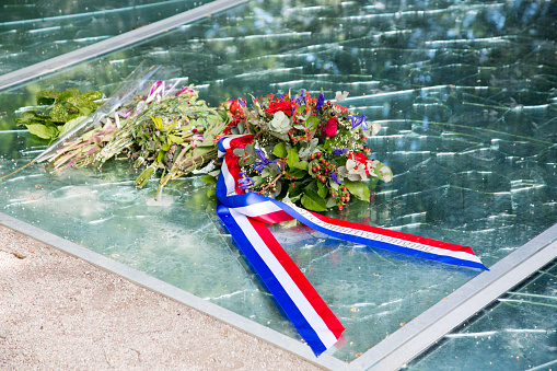 Amsterdam, The Netherlands - May 2019. Auschwitz monument made of broken glass in Amsterdam Wertheim Park.