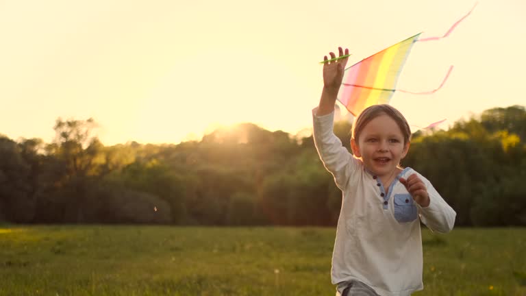 The boy launches a kite. Summer day. Sunny.The boy in a gray t-shirt with a kite. A boy of European appearance on the field. Clouds, sky, summer. Bright.