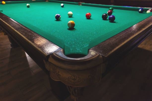 istock big old pool table with balls, retro toned 1155678698