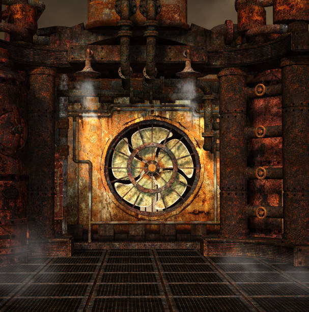 Fantasy steampunk machine Steampunk background with a smoking turbine steampunk style stock pictures, royalty-free photos & images