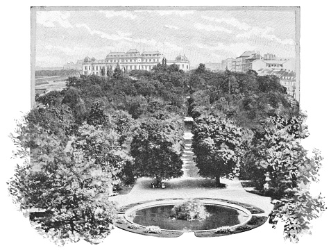 Belvedere Gardens in Vienna, Austria. The Austro-Hungarian Empire era (circa 19th century). Vintage halftone etching circa late 19th century.