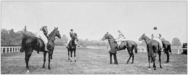 Antique vintage black and white photo: Horse racing event race