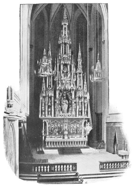 An altar at St. Stephen’s Cathedral in Vienna, Austria. The Austro-Hungarian Empire era (circa 19th century). Vintage halftone photo etching circa late 19th century.