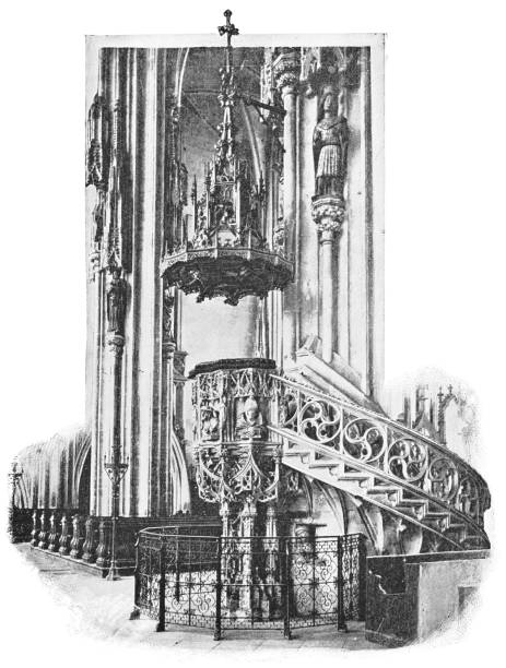 The pulpit at St. Stephen’s Cathedral in Vienna, Austria. The Austro-Hungarian Empire era (circa 19th century). Vintage halftone photo etching circa late 19th century.