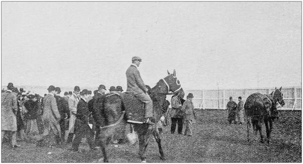 Antique vintage black and white photo: Horse racing event race