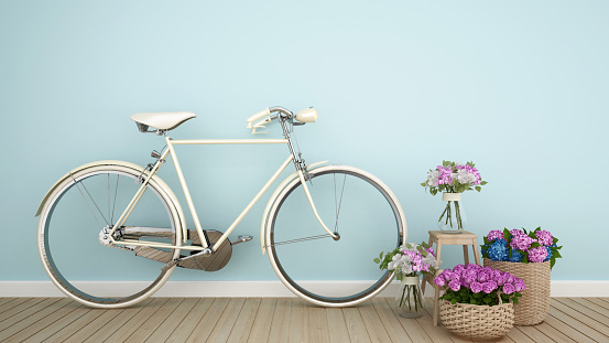 Bicycle and colorful flower on living area in the light blue room - Template interior design for for artwork - 3D Rendering